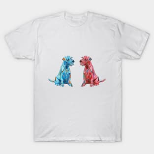 Red and Blue Polygonal Schnauzers Looking at Each Other T-Shirt